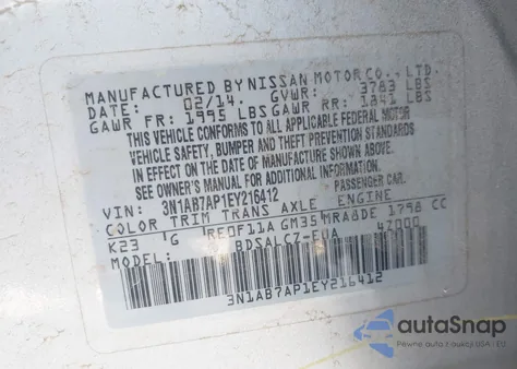 2014 Nissan Sentra S z USA, uszkodzony, nr VIN 3N1AB7AP1EY216412